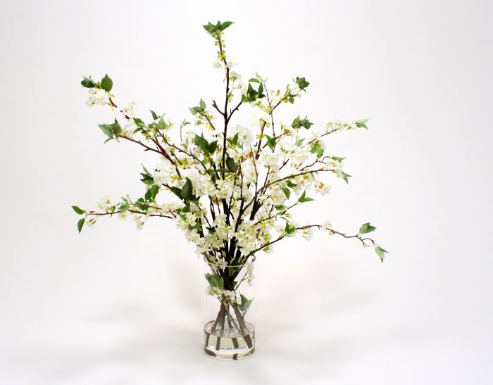 Waterlook® White Cherry Blossoms in Clear Glass Cylinder (17019-WO)