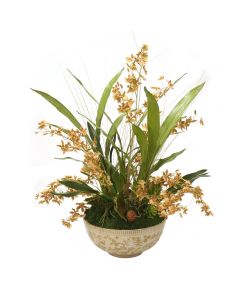 Gold Onicidium Orchid in Porcelain Bowl