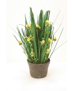 Natural Blades and Grass with Yellow Wild Flowers in Stoneware Pot