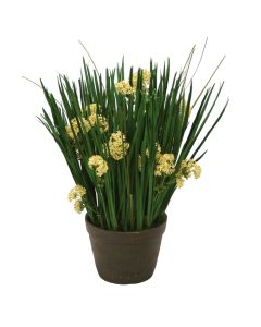 Natural Blades and Grass with Yellow Wild Flowers in Stoneware Pot