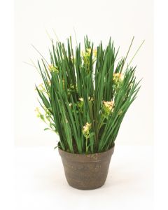 Natural Blades and Grass with Yellow and Coral  Wildflowers in Stoneware Pot