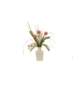 Tropical Fuchsia Allium and Phalaenopsis Orchid with Cycas Palm in White Vase