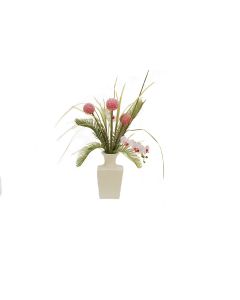 Tropical Fuchsia Allium and Phalaenopsis Orchid with Cycas Palm in White Vase Right Side.