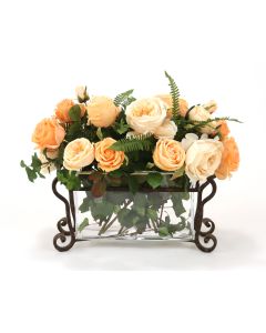 Waterlook® Peach and Champagne Roses in Rectangle Glass Planter with Optional Metal Stand