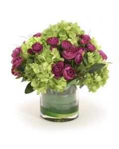 Waterlook® Purple Ranunculus, Green Hydrangeas in Glass Cylinder