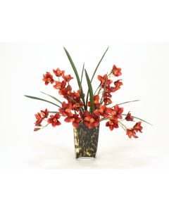 Waterlook® Rust Cymbidium Orchids with Foliage in Leopard-Spotted Glass Vase