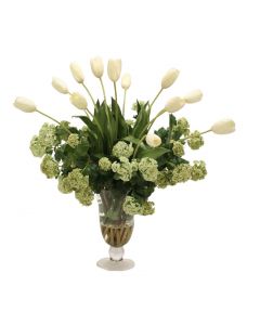 Waterlook®  Cream White Tulips, Snowballs in Flared Glass Urn with Ball Stem