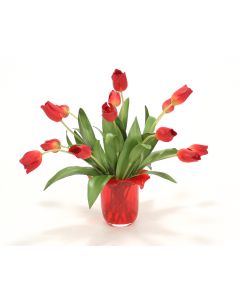 Waterlook® Red Tulips in Red Glass Vase