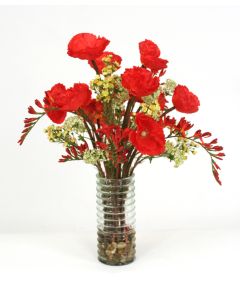 Waterlook&Reg; Red Poppies and Greenery in Green Ribbed Cylinder Vase