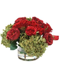 Waterlook® Red Roses, Celosia, Breen Brown Hydrangeas in Glass Cylinder
