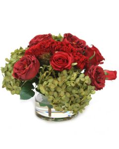 Waterlook® Red Roses, Celosia, Breen Brown Hydrangeas in Glass Cylinder