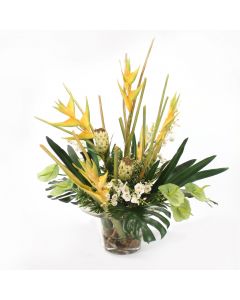 Yellow Heliconia and Green Antheriumn and Dancing Orchids in Glass Vase