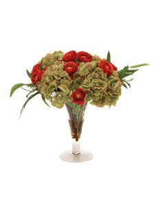Waterlook® Green Hydrangeas, Rust Red Ranunculu, Eucalyptus Foliage in Glass Trumpet Vase