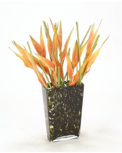 Waterlook® Orange Heliconias in Leopard-Spotted Glass Vase