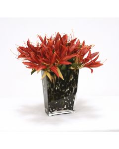 Dark Orange Amaryllis with Laurel in Flared Spotted Glass Vase