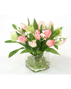 Spring Tulips Bundle with Snowballs in Small Square Vase