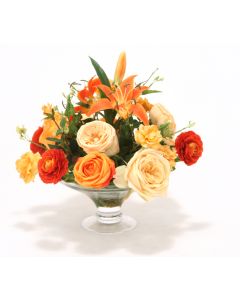 Waterlook&Reg; Orange and Gold Roses, Ranunculus, Lilies in Glass Compote