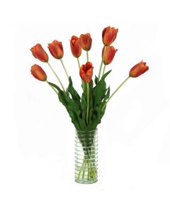 Waterlook® Dark Red Orange Tulips in Light Green Ribbed Vase