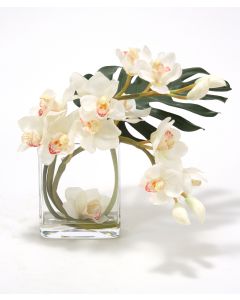 Waterlook® White Orchid Arrangement with Split Philo Leaf in Curved Rectangular Glass Vase