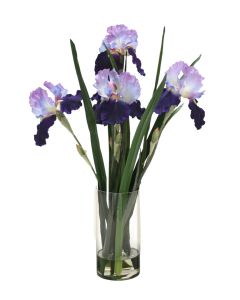 Waterlook® Blue Violet Irises with Grass Blades in Glass Cylinder