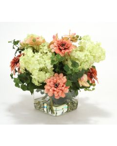 Waterlook® Coral Zinnias and Green Hydrangeas in Glass Cube