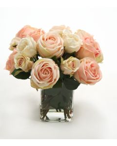 Cream Pink Roses in Square Glass Vase