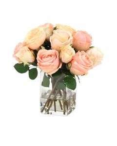 Waterlook® Cream Pink Roses in Square Glass Vase