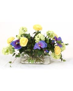 Waterlook® Blue, Green, and Yellow Spring Mix in Oval Glass Vase