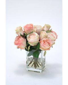 Waterlook® Cream Pink Roses and Rose Buds in Tall Glass Square