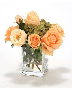 Waterlook® Peach Roses in Square Glass Vase