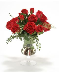 Waterlook® Red Roses and Fern in Clear Glass Urn