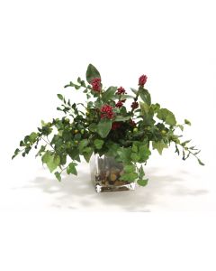 Waterlook® Mixed Greenery, Plum Berries in Glass Cube