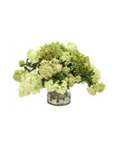 Waterlook® Green-Cream Hydrangeas and Snowballs in Glass Cylinder