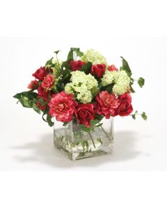 Waterlook® Fuschia Dahlia and Roses, Cream Green Snowballs in Glass Cube