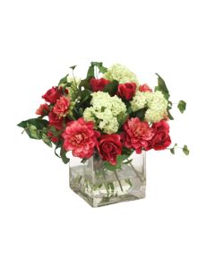 Waterlook® Fuschia Dahlia and Roses, Cream Green Snowballs in Glass Cube