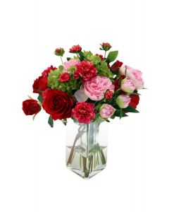 Waterlook® Red Roses Pink Peonies and Fushia Dahlia in Triangle Vase