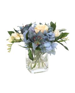 ® Blue Hydrangea, Lily with Cream Rose, Freesia in Glass Vase