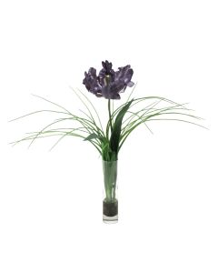 Waterlook® Navy Blue Single Parrot Tulip with Grass in Glass (Set of 2)