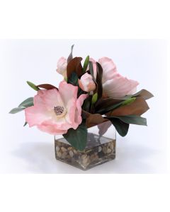 Waterlook® Soft Pink Magnolia Blooms and Foliage in Square Glass Vase