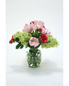 Waterlook® Green Hydrangea and Pink Tulip in Clear Ginger Jar
