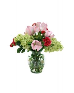 Waterlook® Green Hydrangea and Pink Tulip in Clear Ginger Jar
