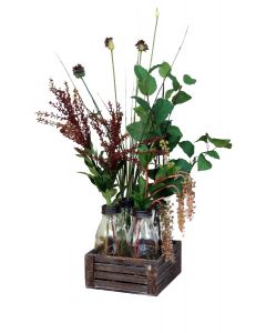 Waterlook® Poke Berries, Elm, Allium, Grass And Thistles In A Crate Of Glass Bottles