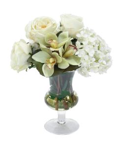 Waterlook® White Roses and Hydrangeas with Cymbidium Orchids in Clear Glass Urn