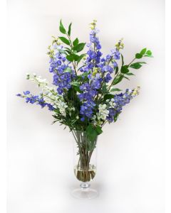 Blue and White Delphiniums in Glass Urn