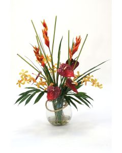 Heliconia and Anthurium in Glass Vase