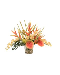 Tropical Mix of Heliconias, Orchids and Honey Combs Glass Flower Pot