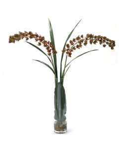 Brown Orchids & Foliage in Tall Glass Cylinder