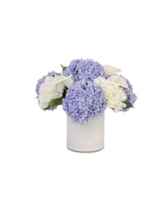Soft Blue and White Hydrangeas with Calla Lilies in White Rota Glass