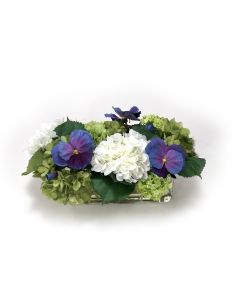 Hydrangrea Mix with Blue Pansies in Rectangle Vase