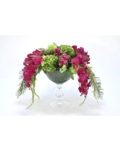 Hydrangea with Orchids and Hanging Amaranthus in Glass Bowl with Pedestal